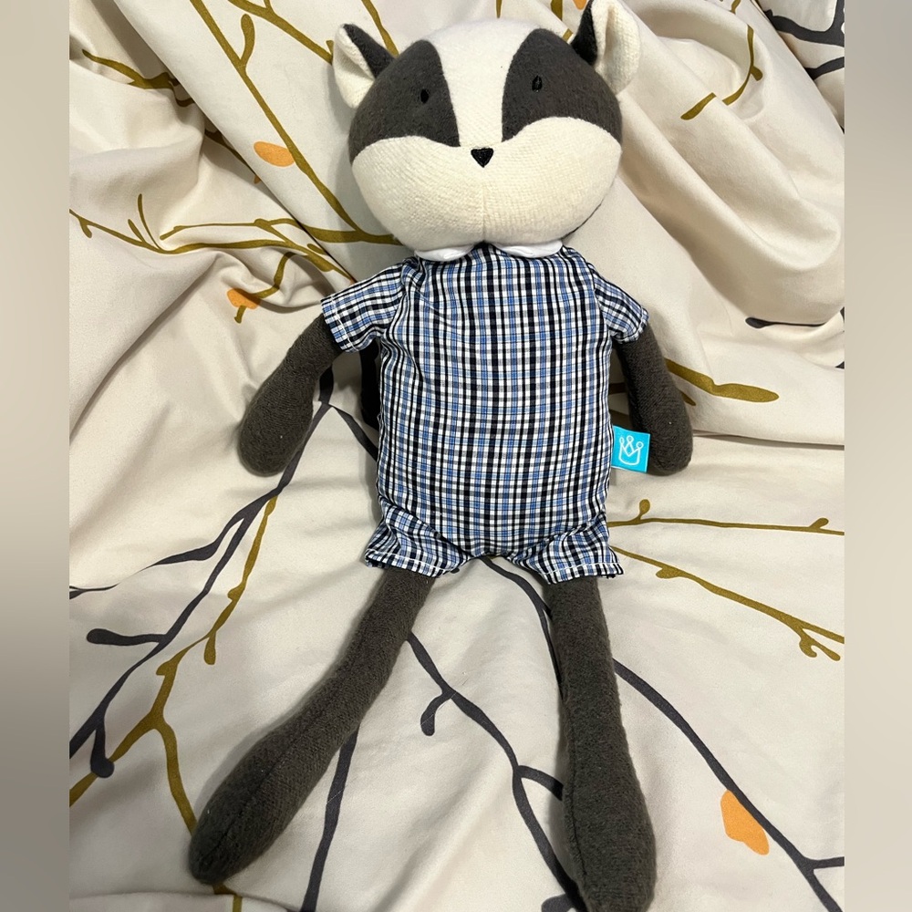16" MANHATTAN TOY CO GREY RACCOON BLUE STRIPED OUTFIT STUFFED ANIMAL PLUSH TOY